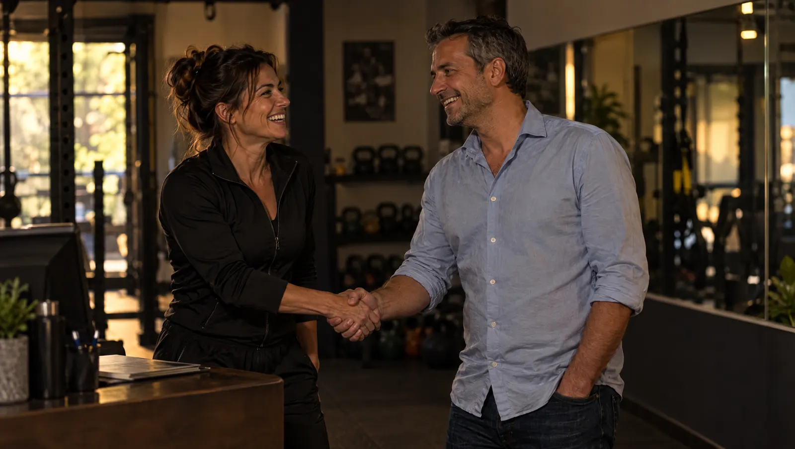 La stretta di mano col primo cliente, in palestra