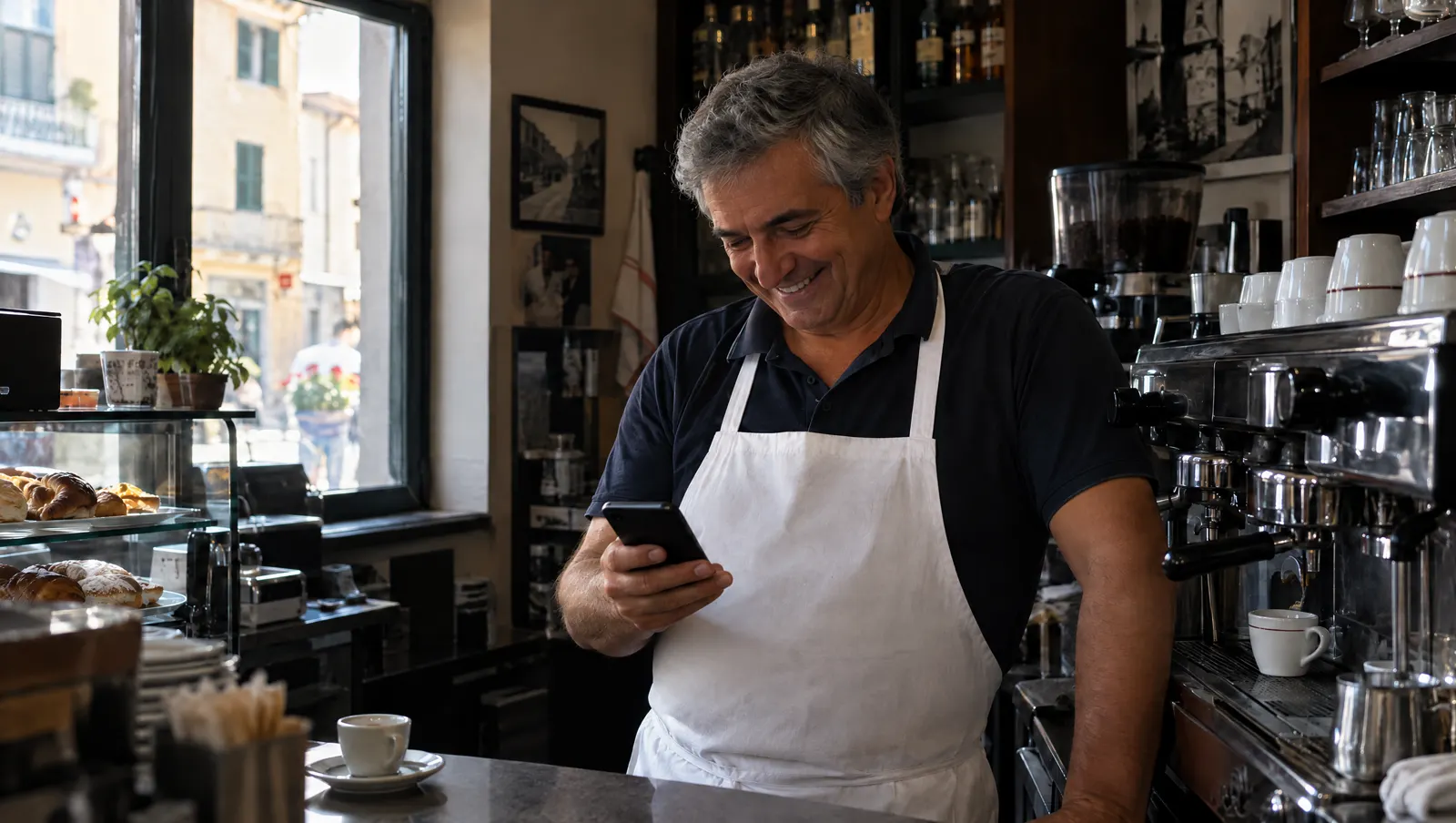 Il titolare del bar guarda i post del suo locale