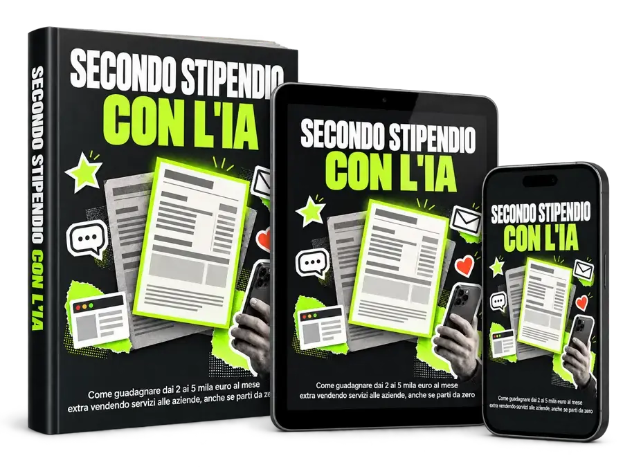 Copertina della guida Secondo Stipendio con l'IA, su libro, tablet e telefono